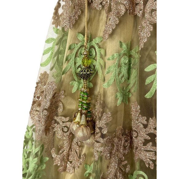 Vintage Embroidered Maxi Skirt Tassel-Detail Green & Gold Lace Indian Party XS/S - Picture 2 of 6